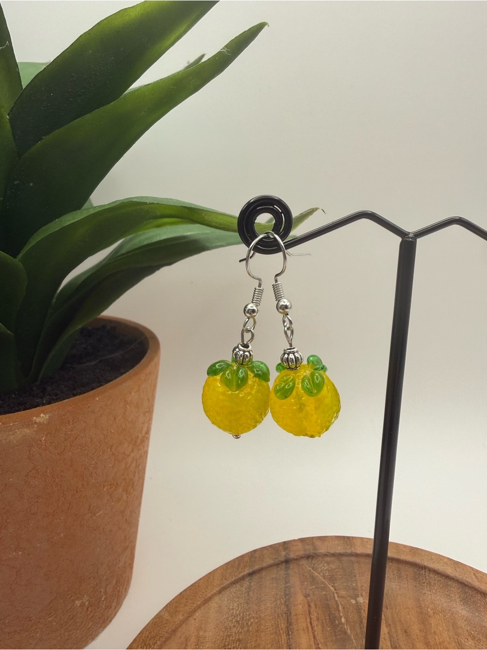 New Glass Lemon Earrings Lampwork Translucent Fruit Dangle Nickel Free Hooks